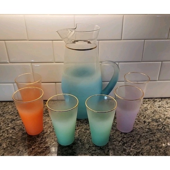 1950s MCM Blendo Frosted Glass‎ Gold Rim 7 Piece Pitcher & 12oz Tumblers Set B